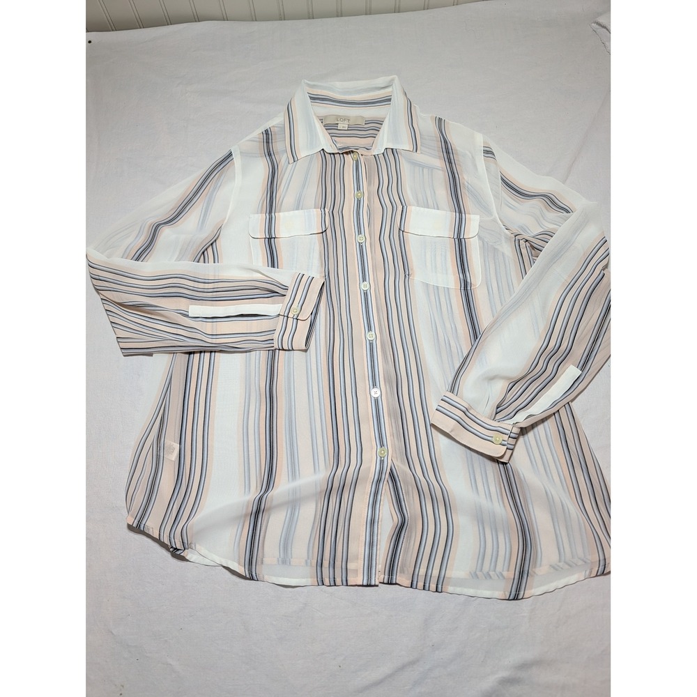 Ann Taylor LOFT Striped Button Down Blouse Blue Tan Sheer Long Sleeve Large